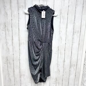 New Calvin Klein Dress Women Size 6 Animal Print Mock Neck Gathered Front Midi